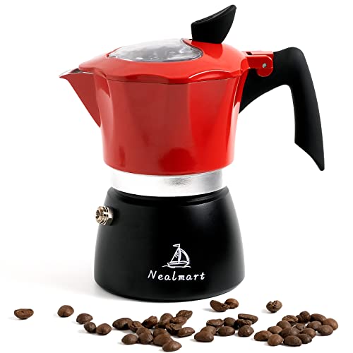 NEALMART Espressokocher für Herd, rote Premium-Aluminium-Mokkakanne, 3 Espressotassen, Perkolator-Kaffeekanne, italienische Kaffeemaschine, Greca-Kaffeemaschine für Cappuccino oder Latte von NEALMART
