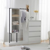 2 in 1 Kleiderständer aus Holz, Garderobenset, Garderobenständer mit 4 Schubladen + 3 Ablagefächern, Weißer Kleiderschrank von NECHE