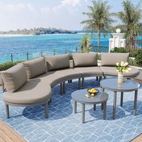 5-Sitzer-Gartenmöbel-Set, elegantes rundes Sofa, 2 Couchtische aus gehärtetem Glas, verzinkter Eisenrahmen, verstellbare Beine, Grau 5-Sitzer-Gartenmöbel-Set, elegantes rundes Sofa, 2 Couchtische aus gehärtetem Glas, verzinkter Eisenrahmen, verstellbare Beine, Grau von NECHE