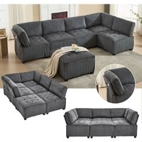 5-Sitzer-Modulsofa + 1 Ottomane, U/L-förmiges Panoramasofa – Cord – Schlafsofa – 308 cm – Grau 5-Sitzer-Modulsofa + 1 Ottomane, U/L-förmiges Panoramasofa – Cord – Schlafsofa – 308 cm – Grau von NECHE