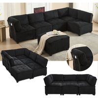 5-Sitzer-Modulsofa + 1 Ottomane, U/L-förmiges Panoramasofa – Cord – Schlafsofa – 308 cm – Schwarz von NECHE