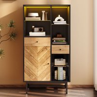 Buffet-Vitrine – 80L x 40B x 150,5H cm mit 12-farbigem LED-Lichtstreifen, Glasschubladen und -regalen, dreieckige Holzmaserung Buffet-Vitrine – 80L x 40B x 150,5H cm mit 12-farbigem LED-Lichtstreifen, Glasschubladen und -regalen, dreieckige Holzmaserung von NECHE