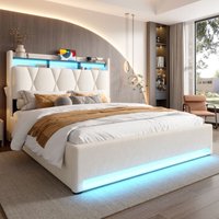 Doppelbett 160x200 cm LED USB Typ-C Hydraulischer Lift Gepolstertes Erwachsenenbett Samt Lattenrost Fach Kopfteil Unterbettaufbewahrung Beige Ohne von NECHE