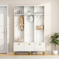 Eingangsmöbel-Set mit multifunktionaler Aufbewahrungsbank, offenem Stauraum, 6 Haken und goldenen Beinen, Schlafzimmergarderobe, weiß Eingangsmöbel-Set mit multifunktionaler Aufbewahrungsbank, offenem Stauraum, 6 Haken und goldenen Beinen, Schlafzimmergarderobe, weiß von NECHE