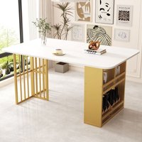 Esstisch – Rechteckig – Wohnzimmertisch mit Regalen – Modern – 4 Personen – 160 x 80 x 78 cm – Weiß+Gold von NECHE