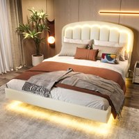 Gepolstertes Doppelbett 140x200 cm LED PU-Leder Erwachsenenbett mit USB Typ-C Kopfteil Lattenrost Unterbett Stauraum Weiß von NECHE