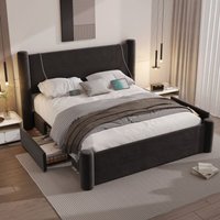 Gepolstertes Doppelbett 140x200 cm Modernes Stauraumbett mit Lattenrost Kopfteil 2 Stauraumschubladen Integrierter USB-Anschluss Schwarz von NECHE