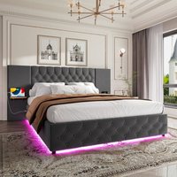 Gepolstertes Doppelbett Bett mit Stauraum 140x200 cm LED-USB Breites Kopfteil Lattenrost Samtbett für Erwachsene Modernes Design Hydraulische Gepolstertes Doppelbett Bett mit Stauraum 140x200 cm LED-USB Breites Kopfteil Lattenrost Samtbett für Erwachsene Modernes Design Hydraulische von NECHE