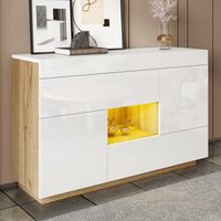 Hochglanz-Sideboard mit LED-Beleuchtung, 2 Schubladen + 2 Türen, Sideboard-Oberseite bietet Stauraum, Vitrinen in Weiß und Holz 120 x 37 x 76,5 cm von NECHE