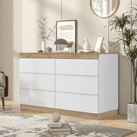 Klassisches Wohnzimmer-Sideboard mit 6 Schubladen, Spind, Kleiderschrank, elegante Schlafzimmerkommode, Weiß und Holz, 110 x 40 x 67,5 cm Klassisches Wohnzimmer-Sideboard mit 6 Schubladen, Spind, Kleiderschrank, elegante Schlafzimmerkommode, Weiß und Holz, 110 x 40 x 67,5 cm von NECHE