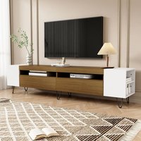 Moderner TV-Schrank 180 x 36 x 43 cm, seitliche und vordere Ablagefächer, einzigartiges Farbblock-Design, Braun+Weiß von NECHE