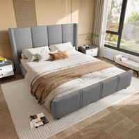 Modernes Doppelbett 140x200 cm Samtgepolstertes Erwachsenenbett mit Lattenrost USB Hohes Kopfteil Grau von NECHE