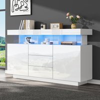 Modernes Sideboard in Hochglanzweiß 140 x 35 x 80 cm, Kaffeebar aus Acryl mit 16-Farben-LED, 3 Schubladen + 2 Türen, verstellbare Regale Modernes Sideboard in Hochglanzweiß 140 x 35 x 80 cm, Kaffeebar aus Acryl mit 16-Farben-LED, 3 Schubladen + 2 Türen, verstellbare Regale von NECHE