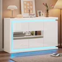 Modernes Wohnzimmer Sideboard 140 x 40 x 84 cm, 4 Fächer, Hochglanz-Sideboard mit LED, Türen aus gehärtetem Glas, weiß von NECHE