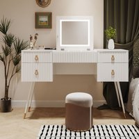 Multifunktionaler Schminktisch mit Mehrzweckfunktion, verstellbarem LED-Spiegel, 4 Schubladen + Ablagefächern, vergoldeten Griffen, 120 x 45 x 75 cm, Multifunktionaler Schminktisch mit Mehrzweckfunktion, verstellbarem LED-Spiegel, 4 Schubladen + Ablagefächern, vergoldeten Griffen, 120 x 45 x 75 cm, von NECHE