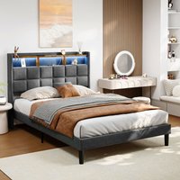 Polsterbett 140x200 cm Erwachsenenbett LED Leinen gepolsterter Bettrahmen mit Kopfteil Stauraum Integrierte Ladestation Dunkelgrau von NECHE