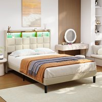 Polsterbett 140x200 cm Erwachsenenbett LED Polsterbettgestell mit Kopfteil Unterbettkommode Beige Gelb von NECHE