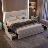 Polsterbett Doppelbett 140x200 cm LED Modernes Stauraumbett mit Lattenrost Kopfteil 4 Stauraumschubladen Integrierter USB-Anschluss Beige von NECHE
