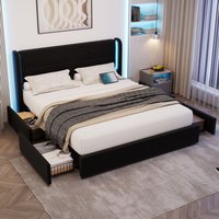 Polsterbett Doppelbett 140x200 cm LED Modernes Stauraumbett mit Lattenrost Kopfteil 4 Stauraumschubladen Integrierter USB-Anschluss Schwarz von NECHE