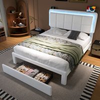 Polsterbett für Erwachsene 140x200 cm LED-USB Doppelbett Teddysamt 2 Plätze 1 Schublade Stauraum Kopfteil Höhenverstellbar Weiß von NECHE