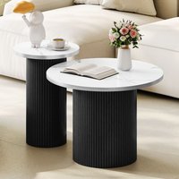 Runder Couchtisch in Schwarz mit Kanten aus gebürstetem Aluminium, 2er-Set geriffelte Beistelltische mit Holzrahmen, Tischplatte in Marmoroptik von NECHE