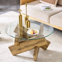Runder Couchtisch mit Tischplatte aus gehärtetem Glas,79x79x45cm Modernes Design aus kreuzmaserigem Holz Beistelltisch fürs Wohnzimmer Kleiner von NECHE