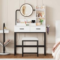 Schminktisch mit LED-Beleuchtung, Schwenkspiegel und Steckdosen und Hocker, 2 Schubladen, Föhnhalter, 80B x 40T x 138,5H cm, weiß + schwarz von NECHE