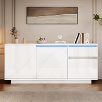 Sideboard Hochglanz Sideboard 140x40x60 cm, 3 Fächer, Kommode mit LED, 1 Schublade und 3 Türen, Weiß Wohnzimmermöbel von NECHE