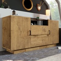 Sideboard-Kommode in Eichenoptik mit 2 Schubladen + 2 Türen + offenem Fach, Sideboard aus gehärtetem Glas und schwarzen Griffen, 140 x 40 x 70 cm von NECHE