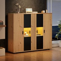 Sideboard aus Holz und Schwarz mit LED, Wohnzimmer-Sideboard 140 x 35 x 113 cm, 4-türige Vitrinenschränke, Regale aus Glas und Holz Sideboard aus Holz und Schwarz mit LED, Wohnzimmer-Sideboard 140 x 35 x 113 cm, 4-türige Vitrinenschränke, Regale aus Glas und Holz von NECHE