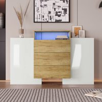 Sideboard aus glänzendem Weiß und Holz, moderne Kommode mit LED-Beleuchtung, 3 Schubladen + 2 Türen, 140 x 30 x 77,5 cm Sideboard aus glänzendem Weiß und Holz, moderne Kommode mit LED-Beleuchtung, 3 Schubladen + 2 Türen, 140 x 30 x 77,5 cm von NECHE