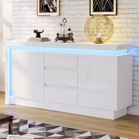 Weiß Hochglanz Sideboard mit LED 140 x 35 x 72 cm, Kommode Beistelltisch mit 3 Schubladen und 2 Türen, Möbel mit verstellbaren Einlegeböden von NECHE