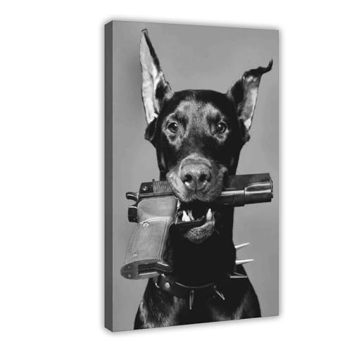 NEDOES Dobermann Gun – Schwarz-Weiß-Poster auf Leinwand, Poster, Wandkunst, Dekordruck, Bild, Gemälde für Wohnzimmer, Schlafzimmer, Dekoration, Rahmenstil, 30 x 45 cm von NEDOES