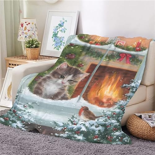 Kuscheldecke Flauschig Decke 220x240 Weihnachten Warm Flanell Fleecedecke Graue Süße Katze für Sofa und Bett, Weich Gemütlich Wohndecke als Tagesdecke Sofadecke Kniedecke von NEDZQY