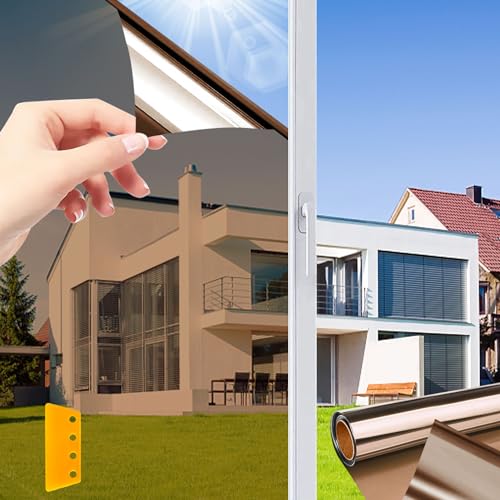 Fensterfolie Sonnenschutz Selbstklebend,NEEMOSI Sonnenfolie Fenster Innen für Wärmeisolierung, 99% UV-Schutz und Sichtschutz, Fensterfolie Blickdicht(Tee-Silber,60 * 200cm von NEEMOSI