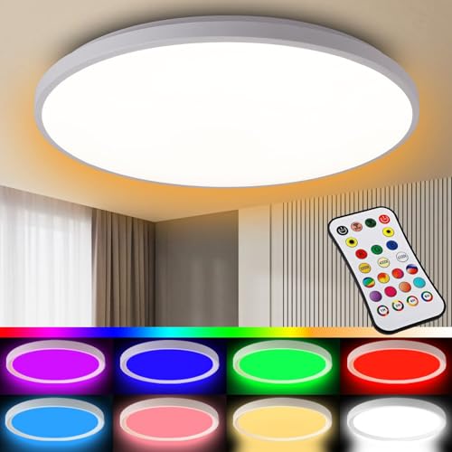 NEEMOSI LED Deckenleuchte Dimmbar 24W with RGB Farbwechsel, Ø30cm Deckenlampe mit Fernbedienung für Schlafzimmer Badezimmer Wohnzimmer Kinderzimmer, 3000-6000K Decke Lampe Warmweiß Kaltweiß (Rund) von NEEMOSI