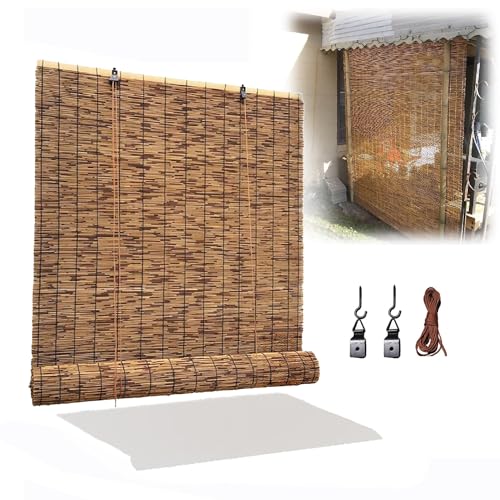 Bambus Rollo Bambusrollo Jalousien 48 52 62 72 82 92 102 112 122 132 142 152 162cm Schilf Vorhang Jalousie Raffrollo für Fensterprivatsphäre, Garten Patio Outdoor-Sonnenschutz Kaffee-Schwarze Linie von NEFMUKJ