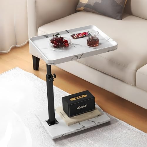 NEGTTE C End Table Adjustable Height, 360°Swivel TV Tray Table for Small Spaces, Couch Tables That Slide Under, C Shaped Side Tables with Wheels for Living Room and Bedroom (White-Height Adjustable) von NEGTTE