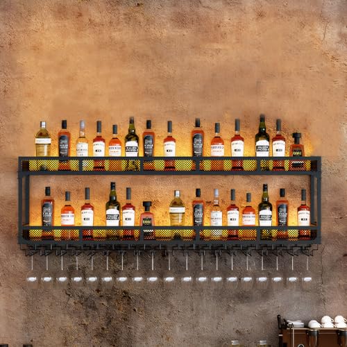 NEHCFO Wandmontiertes Weinregal mit led Beleuchtung, Moderne Metall Wand Montiert Weinregal, Platz Sparen, für Zuhause, Restaurant, Bars (Schwarz, 120cm-2) von NEHCFO