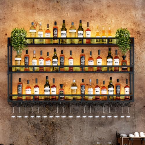 NEHCFO Wandmontiertes Weinregal mit led Beleuchtung, Moderne Metall Wand Montiert Weinregal, Platz Sparen, für Zuhause, Restaurant, Bars (Schwarz, 80cm-3) von NEHCFO