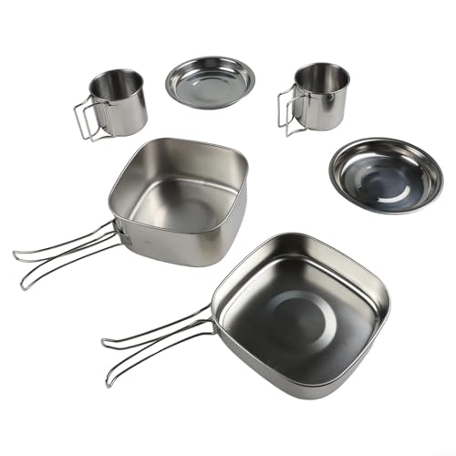 High Performance für Camping Kochgeschirr Set Edelstahl Geschirr mit 2 Tassen, 2 Tellern, Hot Pot & Bratpfanne von NEIQIUWING