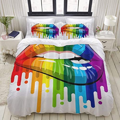 NEKOMARUKE BettwäSche 135x200 Schwul Lesbisch Regenbogen Lippen Stolz Kinder Bettbezug Set 2teilig Mikrofaser Weiche Bettbezug mit Reißverschluss und Kissenbezüge von NEKOMARUKE