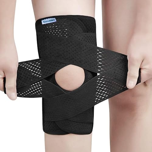 NELLHOMY Professionelle Kniebandage, mit Patella Gel Pads & Feder Seitenstabilisatoren verstellbare Kniebandage für Meniskus Riss Knieschmerzen Komprimierte Kniebandage (Schwarz,L) von NELLHOMY