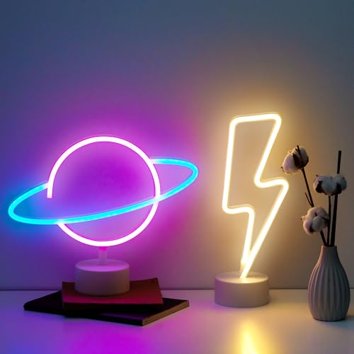 NELUX 2er-Pack Blitz und Planet - LED Lampe Neon Sign Wand Deko Zimmer, Neon Schilder Kinder Schlafzimmer, Neon Schild Light Party, Neonlicht Led Zimmerdeko, Bar. USB- oder batteriebetrieben von NELUX