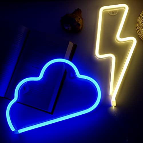 NELUX 2er-Pack Blitz und Wolke - LED Neon Sign Wand Deko Schlafzimmer, Neon Schilder Kinder Zimmer, Neon Schild Light Party, Neonlicht Wall Lampe Led Wanddeko, Bar. USB- oder batteriebetrieben von NELUX