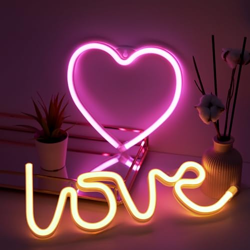 NELUX 2er-Pack Herz und Love - LED Neon Sign Wand Deko Schlafzimmer, Neon Schild Geschenke Valentinstag Paare, Neon Light Neonlicht Wall Lampe Led Wanddeko, Bar. USB- oder batteriebetrieben von NELUX