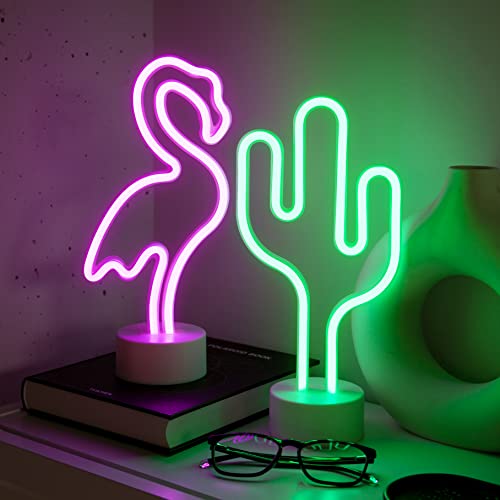 NELUX 2er-Pack Kaktus und Flamingo - LED Lampe Neon Sign Wand Deko Zimmer, Neon Schilder Kinder Schlafzimmer, Neon Schild Light Party, Neonlicht Led Zimmerdeko, Bar. USB- oder batteriebetrieben von NELUX