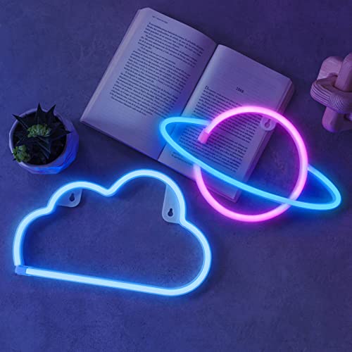 NELUX 2er-Pack Planet und Wolke - LED Neon Sign Wand Deko Schlafzimmer, Neon Schilder Kinder Zimmer, Neon Schild Light Party, Neonlicht Wall Lampe Led Wanddeko, Bar. USB- oder batteriebetrieben von NELUX