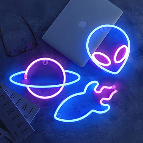 NELUX 3er-Pack Planet, Alien und Rakete - LED Neon Sign Wand Deko Schlafzimmer, Neon Schilder Kinder Zimmer, Neon Schild Light Party, Neonlicht Wall Lampe Led Wanddeko, Bar. USB oder Batterien von NELUX