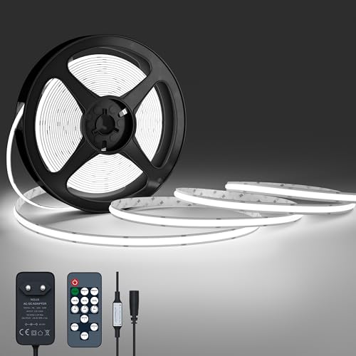 NELUX COB LED Streifen 10m Kaltweiss, LED Strip Lights Cold White, LED Band Indirekte Beleuchtung Dimmbar Weiß Deko TV Küche. Inklusive Selbstklebend, Fernbedienung und Netzteil 24V. 480LED/m, 6500K von NELUX